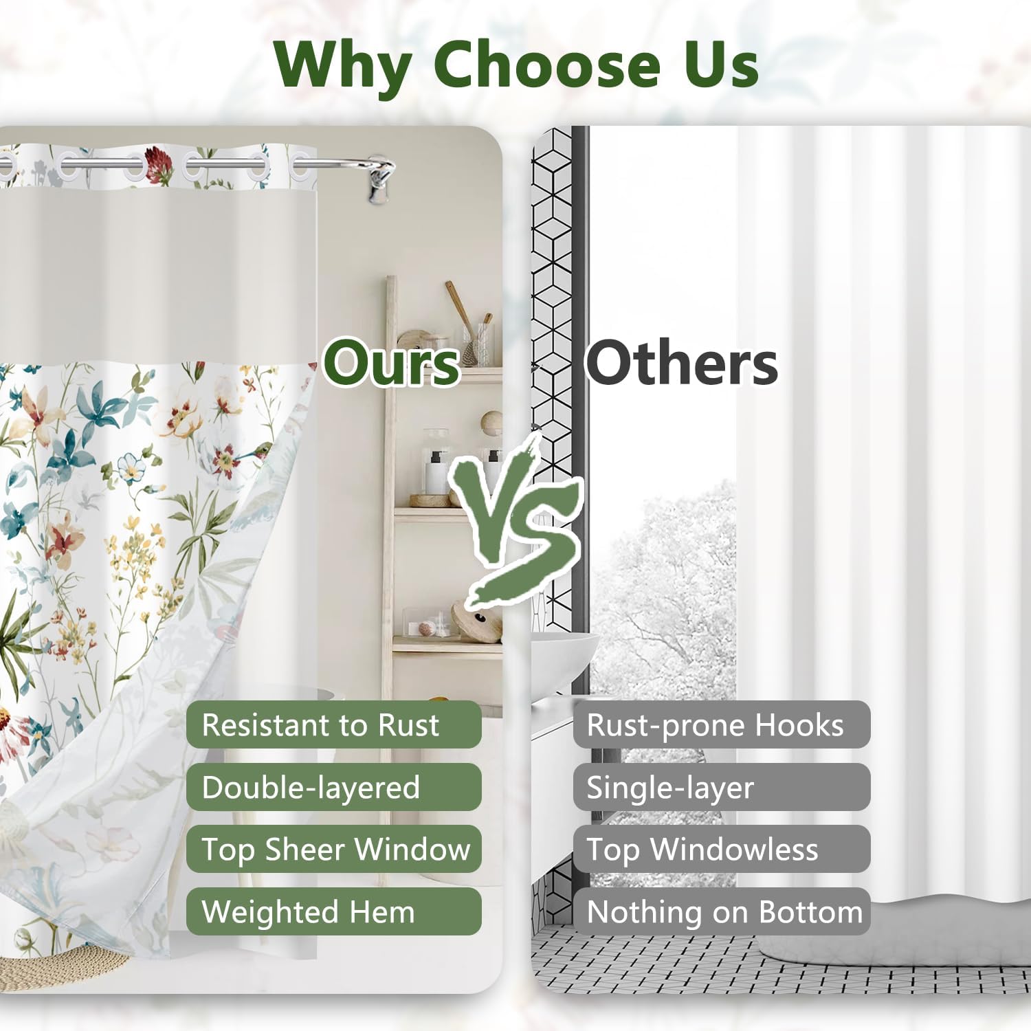 Colorful Floral Shower Curtain with Snap in Liner, Waterproof Double Layers No Hook Shower Curtain and Weighted Hem, Aesthetic Watercolor Wildflower Botanical Farmhouse Bathroom Curtains, 71x74 Inch
