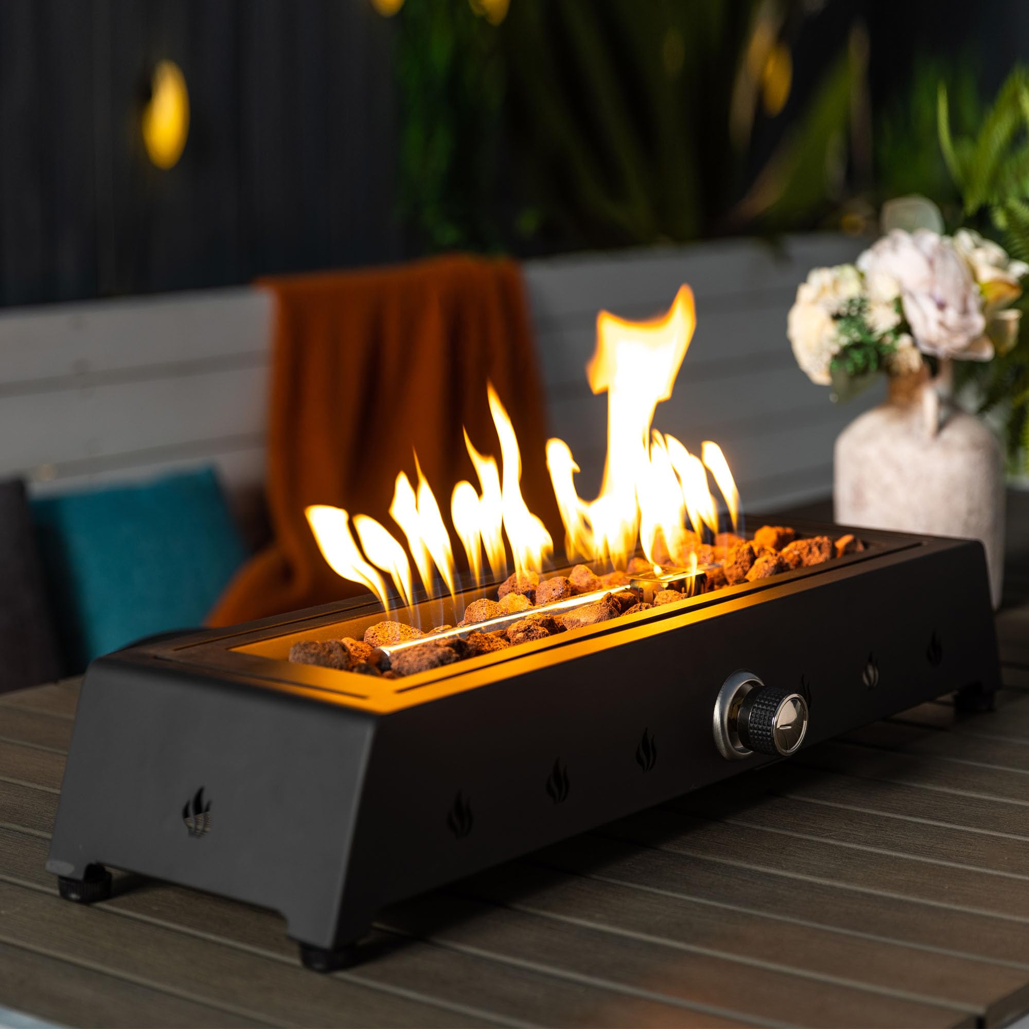 PUNCTN 28" Gas Fire Pits, 40000 BTU Rectangular Steel Fire Pit for Outdoor, Living Room, Garden, Balcony, Portable, Windproof, Eco-Friendly, Quick Setup - Black