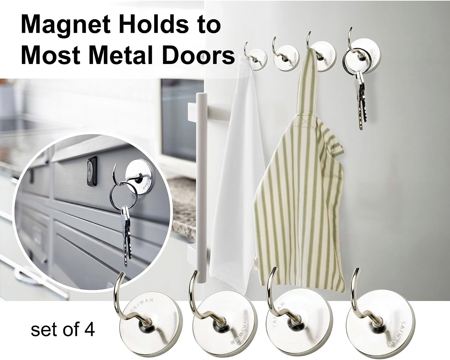 HIC Kitchen Strong Magnetic Hanger Hooks, Heavy Duty Steel with Bright Chrome Finish, Set of 4