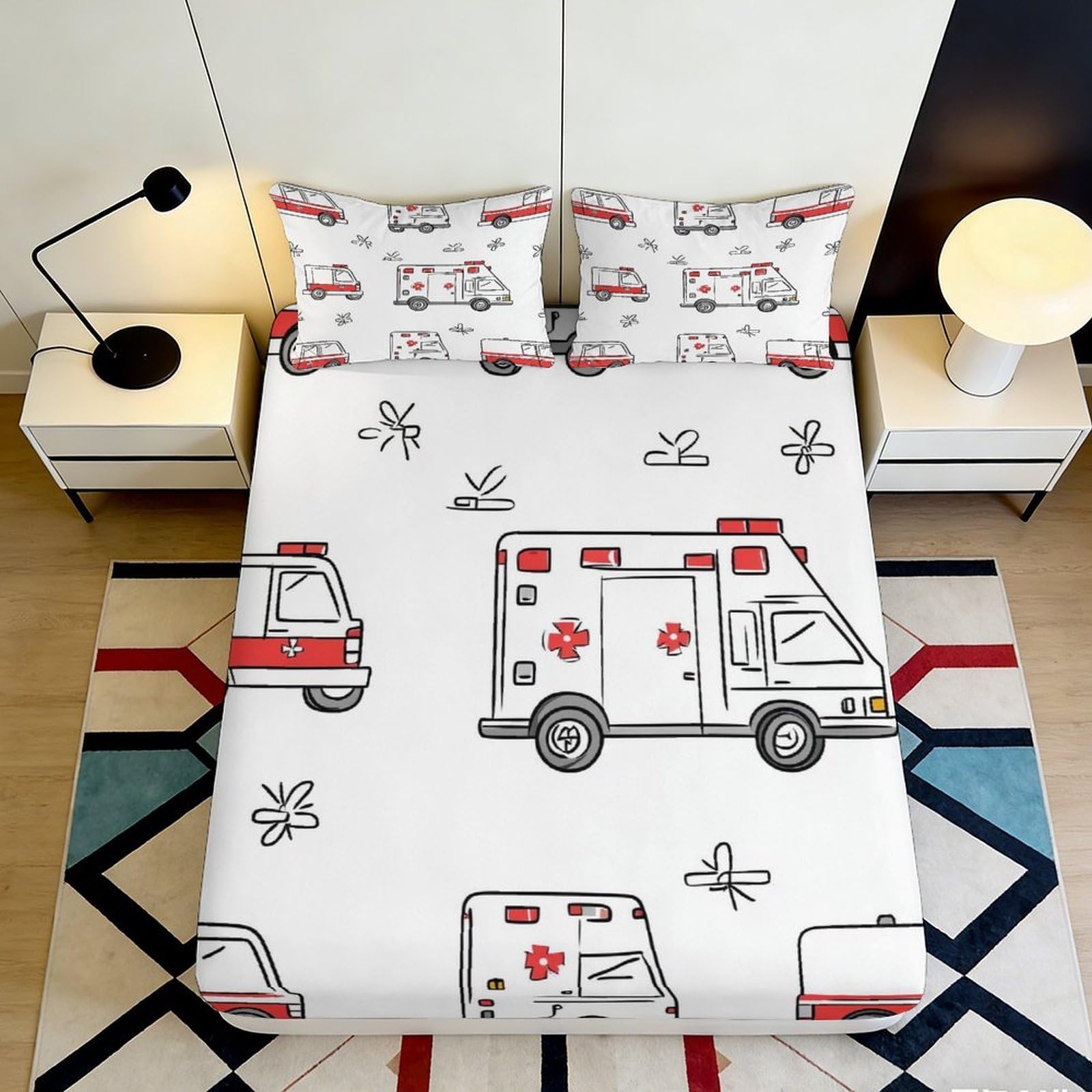 3D Printed Ambulance Theme Fitted Sheet Microfiber Deep Pocket Non-Slip Ambulance Mattress Fitted Cover for Bedroom Teens 160x200x25cm