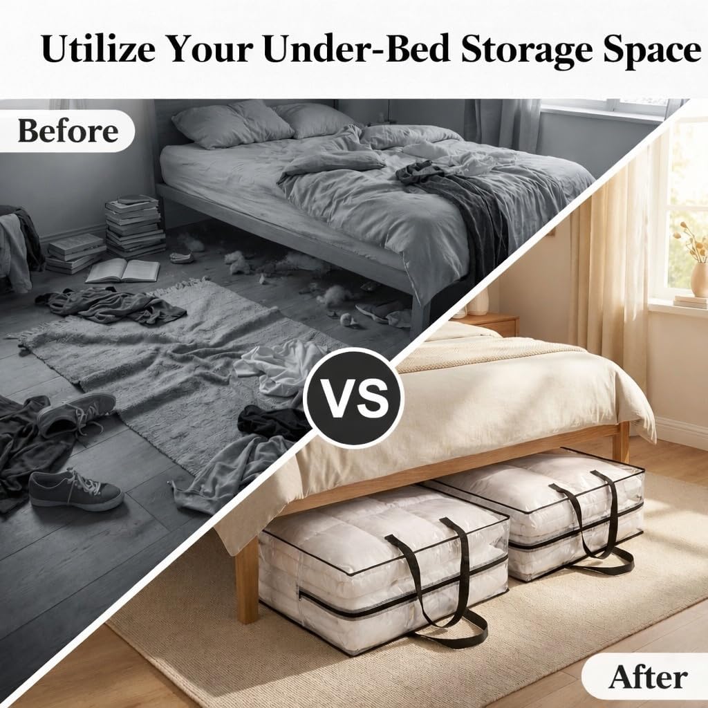 95L Clear Under Bed Storage Bag, Extra Large Blanket and Clothes Organizer with Handles, Foldable Bedding Storage for Comforters, Linens, Seasonal Items, 26 x 26 x 8.7 in, 1 Pack