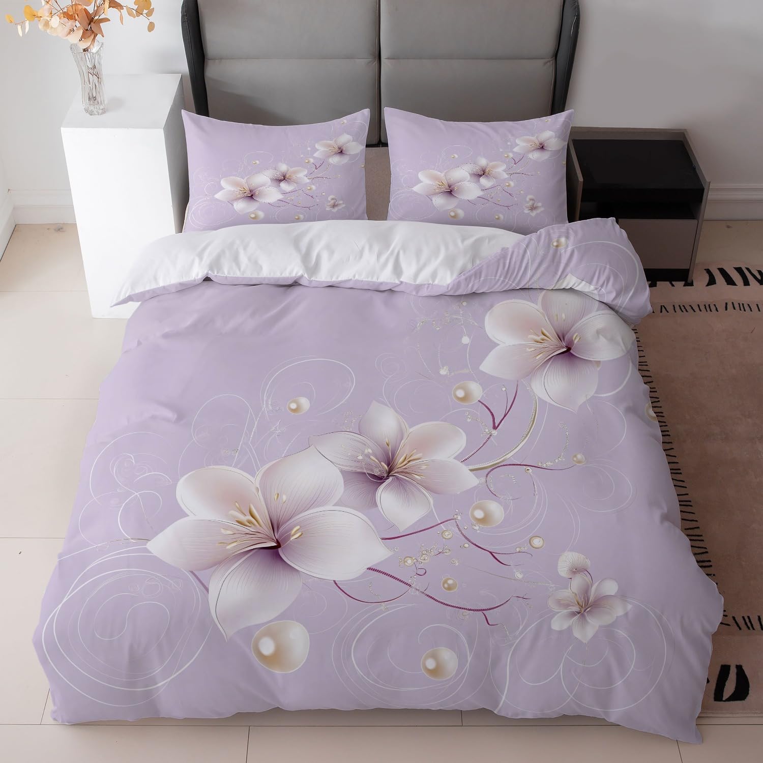 Housse de couette 240 x 260 cm au fini satiné motif floral lavande haute définition