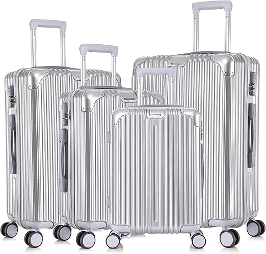 Apelila 4-Piece Vertical Stripe Luggage Set with TSA Lock, ABS+PC Hardshell Suitcase (16" 20" 24" 28") – Lightweight Spinner Wheel Carry-On & Checked Luggage (Sliver)