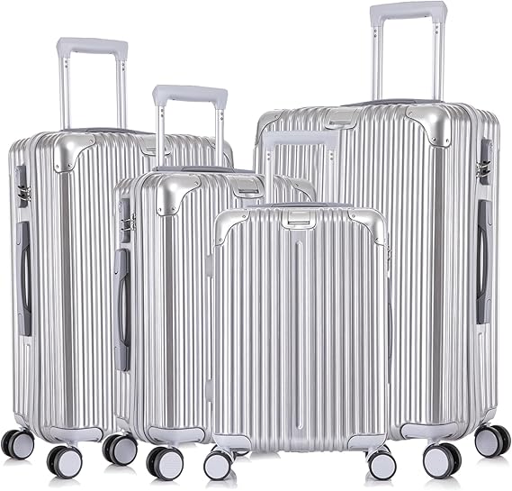 Apelila 4-Piece Vertical Stripe Luggage Set with TSA Lock, ABS+PC Hardshell Suitcase (16" 20" 24" 28") – Lightweight Spinner Wheel Carry-On & Checked Luggage (Sliver)