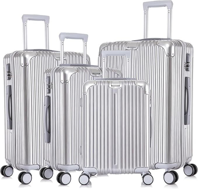 Apelila 4-Piece Vertical Stripe Luggage Set with TSA Lock, ABS+PC Hardshell Suitcase (16" 20" 24" 28") – Lightweight Spinner Wheel Carry-On & Checked Luggage (Sliver)