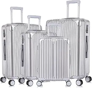 Apelila 4-Piece Vertical Stripe Luggage Set with TSA Lock, ABS+PC Hardshell Suitcase (16" 20" 24" 28") – Lightweight Spinner Wheel Carry-On & Checked Luggage (Sliver)
