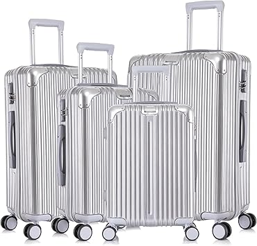 Apelila 4-Piece Vertical Stripe Luggage Set with TSA Lock, ABS+PC Hardshell Suitcase (16" 20" 24" 28") – Lightweight Spinner Wheel Carry-On & Checked Luggage (Sliver)