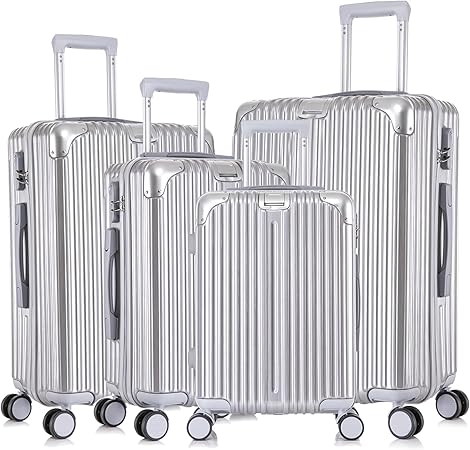 Apelila 4-Piece Vertical Stripe Luggage Set with TSA Lock, ABS+PC Hardshell Suitcase (16" 20" 24" 28") – Lightweight Spinner Wheel Carry-On & Checked Luggage (Sliver)