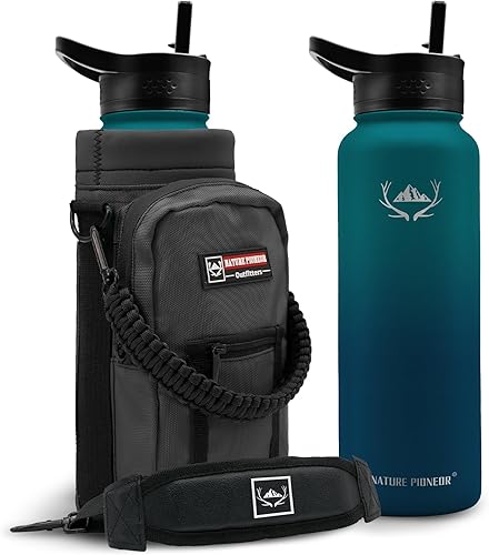 Botellas de agua aisladas NATURE PIONEOR con popote - Botella de acero inoxidable al vacío de 40 oz con soporteportadorfunda - Jarra de agua