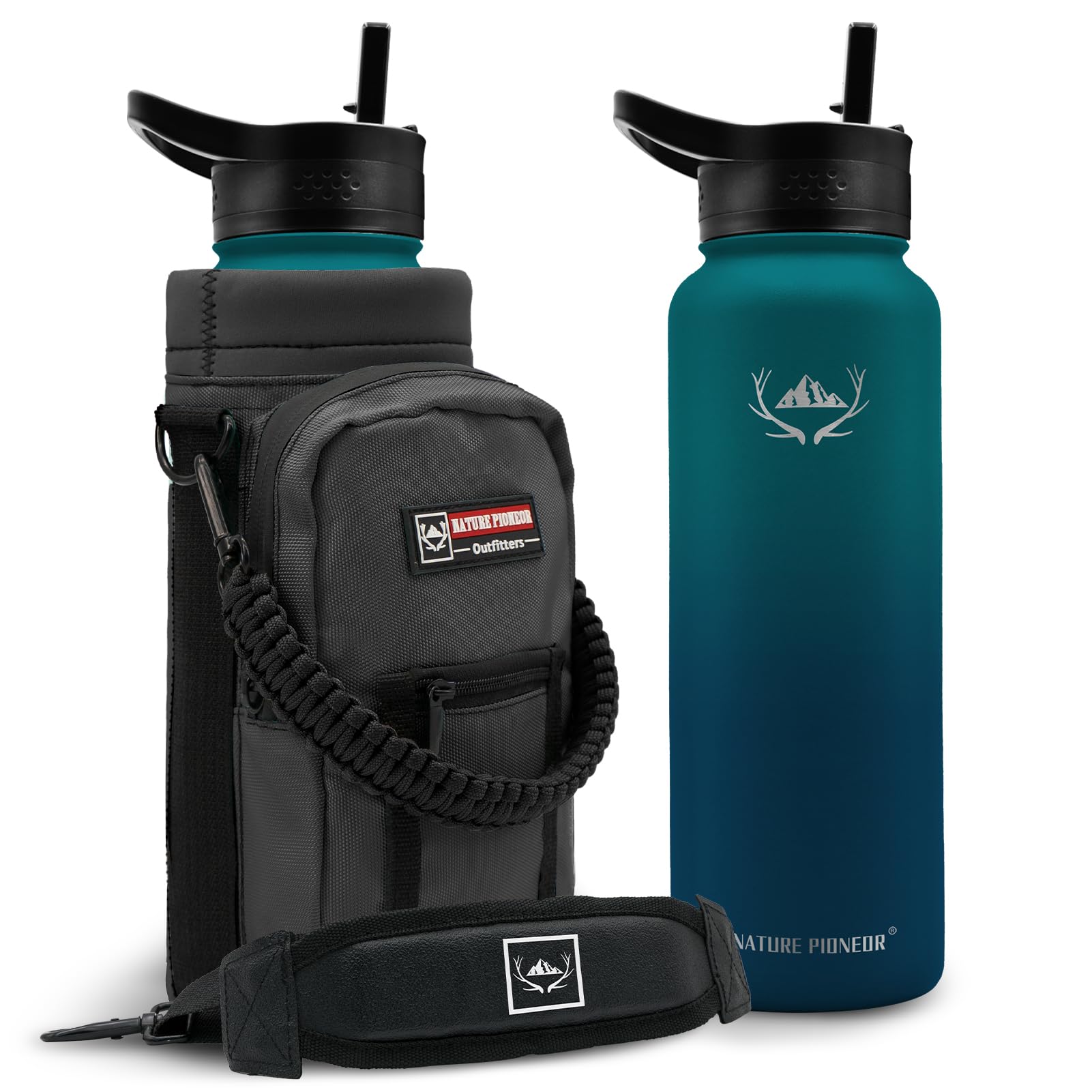 NATURE PIONEOR Insulated Water Bottles with Straw - 40oz Stainless Steel Vacuum Bottle with Holder/Carrier/Sleeve - Reusable 18/8 Food Grade 40 oz