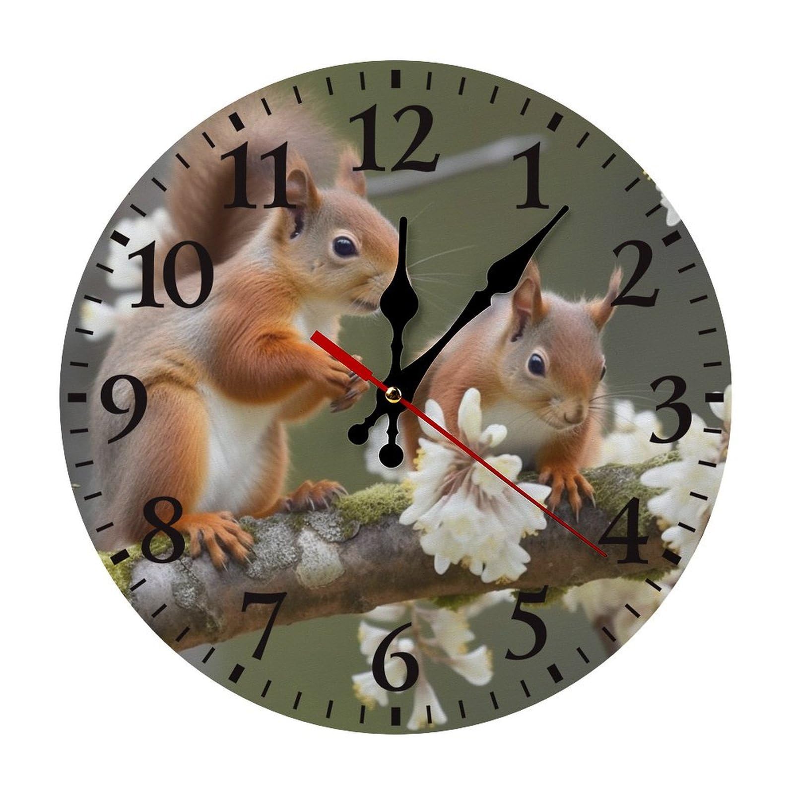NTVOWPZO 10 Inch Wall Clock Squirrels Battery Operated Wall Clocks Silent Non-Ticking Round Wall Clock for Living Room Kitchen Home Office Wall Decorative Clock