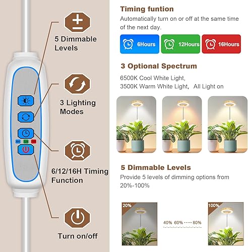 Miniatura 49 de Luces de cultivo, 48 luces LED de espectro completo, halo pequeño ajustable con base, 3 espectros opcionales, temporizador automático de 3/9/12 3.4