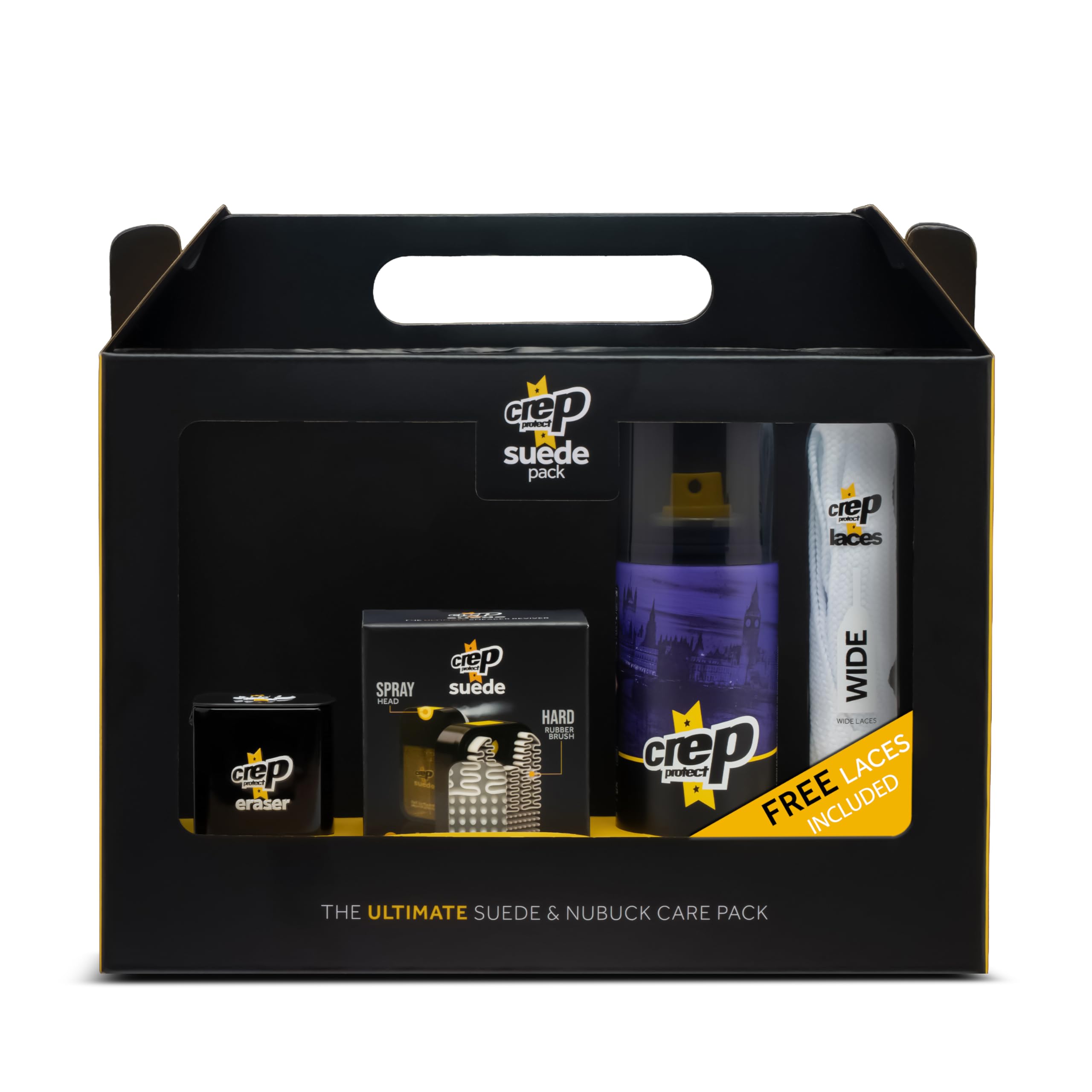 Crep Protect Schuhpflege-Geschenkset – Reiniger & Imprägnierspray für Wildleder & Nubuk, Schmutzradierer, Sneaker-Auffrischer mit KOSTENLOSEN Schnürsenkeln