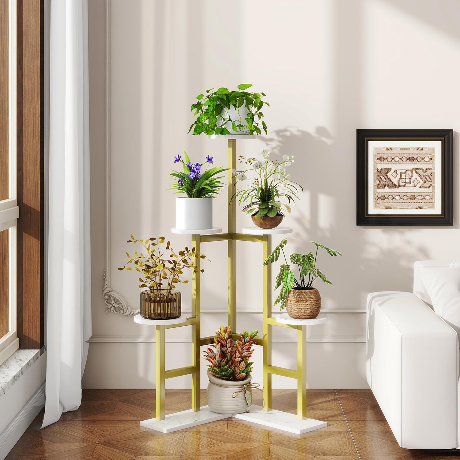IBUYKE 6 Niveles Estanteria para Plantas de Madera, Soporte Plantas Interior de 108cm de Alto para Múltiples Plantas, Soporte Macetas para Plantas para Jardín Interior Balcón, Dorado TMJ072G