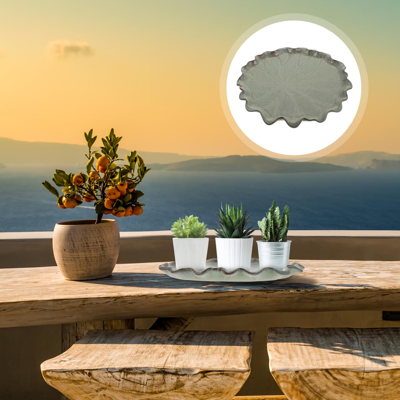 Bandeja para Macetas de Cerámica en Forma de Hoja de Loto, Plato Decorativo para Bonsái, Suculentas y Plantas, Base de Drenaje Antideslizante y Elegante para Jardín, Interior y Balcón