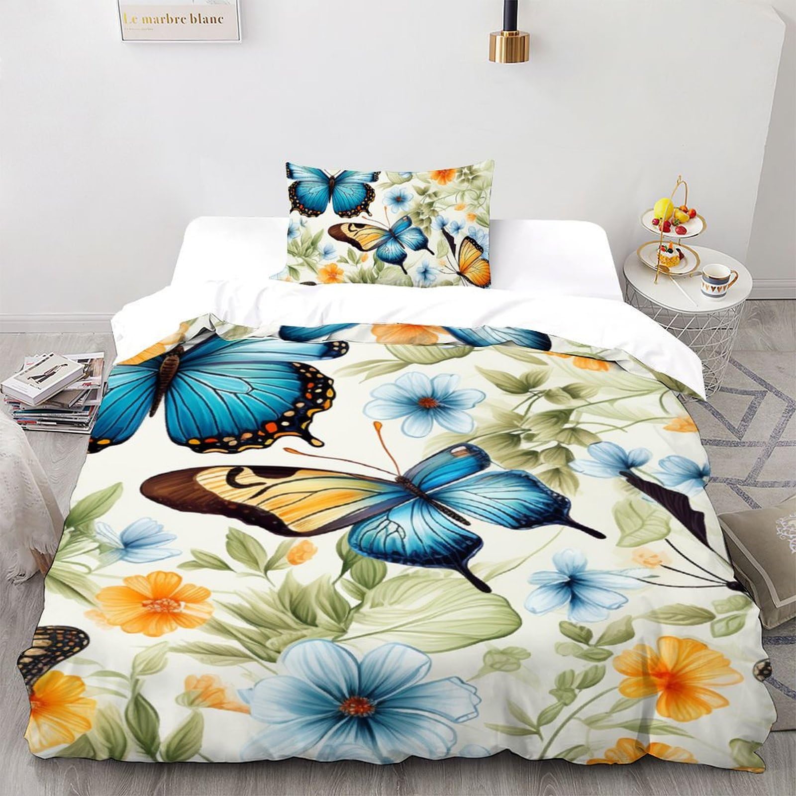 Parure de couette papillon 2 pièces avec housse 135x200cm et taie d'oreiller single en microfibre