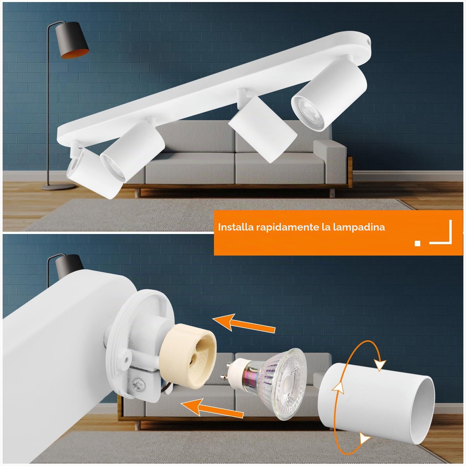 KYOTECH Faretti da soffitto orientabili a 4 luci Plafoniera LED Attacco GU10,Per 4 lampadine GU10 non incluse, Lampadario moderno per Camera Faretti Orientabili Parete Lampadine Bianco opaco