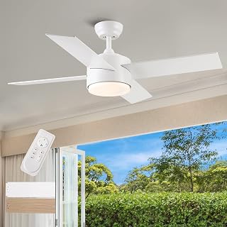 44 inch White Ceiling Fans with Lights and Remote Low Profile Modern Ceiling Fan Use for Bedroom Indoor Outdoor Home Tri-Color Temperature Quiet Reversible Ceiling Fan