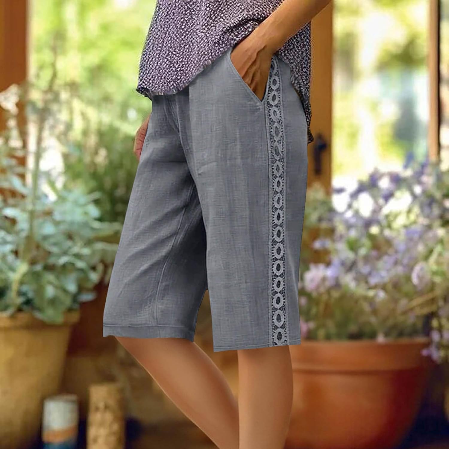 Womens Bermuda Shorts High Waisted Lace Side Summer Shorts with Pockets Lightweight Cotton Linen Capri Pants