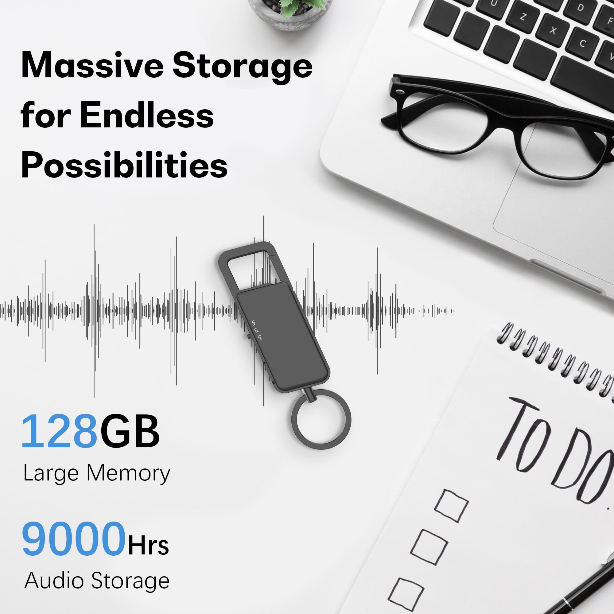 128GB Digitales Diktiergerät - 9000 Stunden Speicher, 24-Stunden-Akku, Intelligente Rauschunterdrückung, USB-C Voice Activated Audio Recorder für Meetings, Vorträge, Interviews