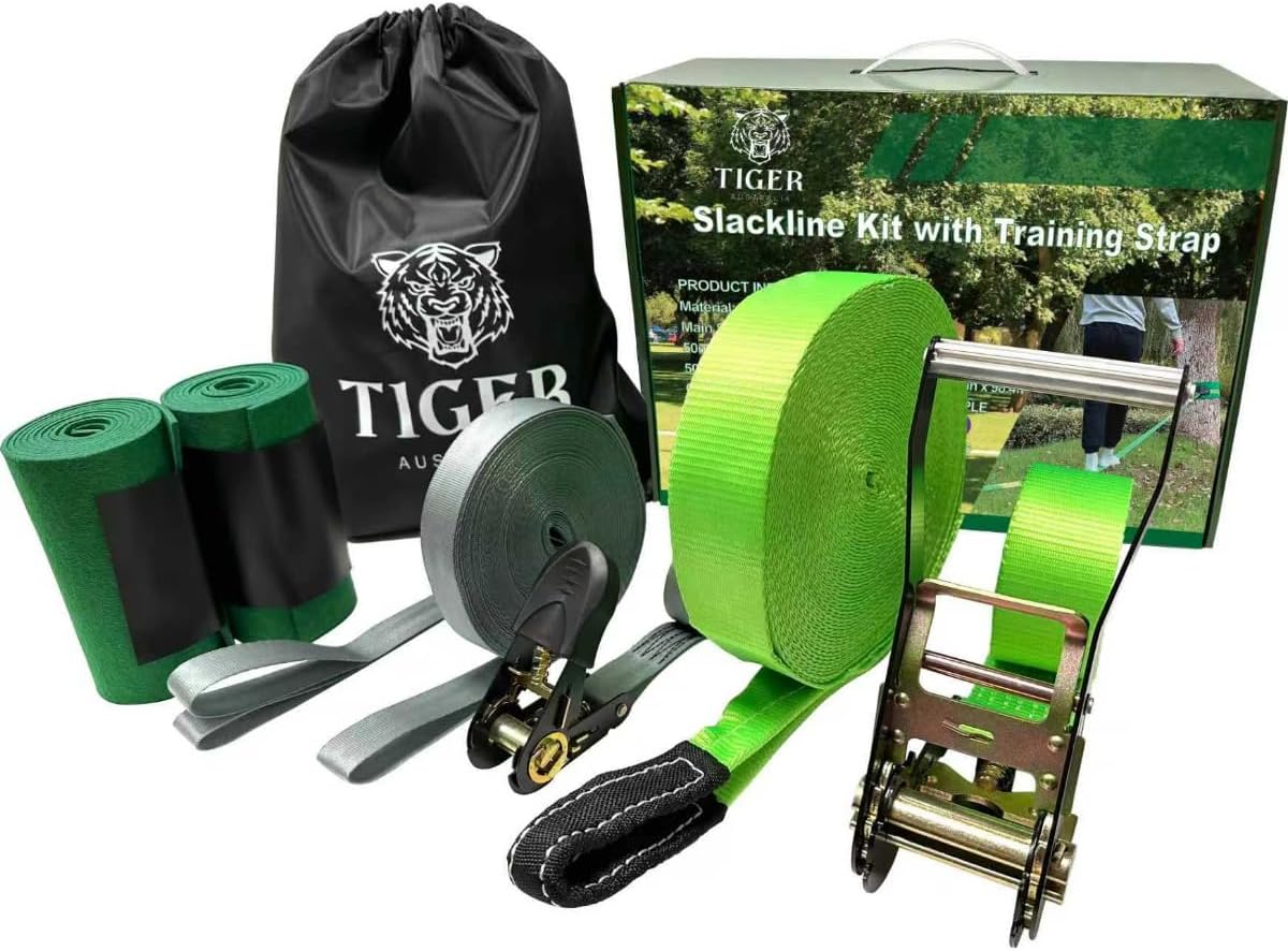Slackline Kit 50mmx22.5 m with Training Line, Ratchet, Tree Protectors and Bag – Complete Balance Training Set for Backyard or Outdoor Fun