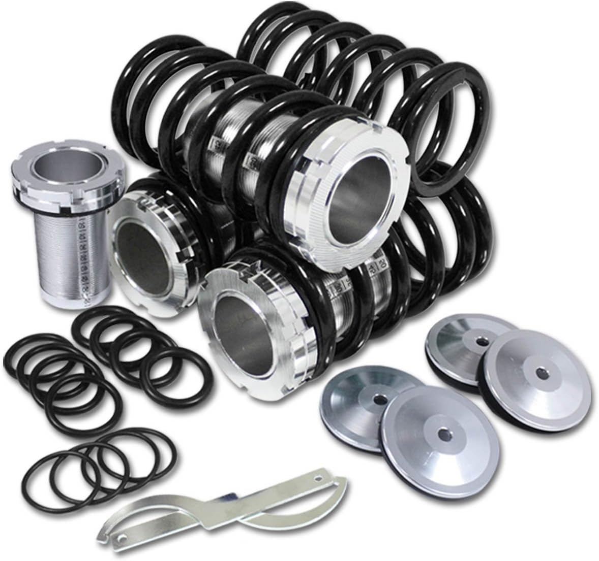 Compatible with Civic/CRX/Del Sol/Integra Aluminum Scaled Coilover Kit Set (Black Springs Silver Sleeves) - EG EK DC