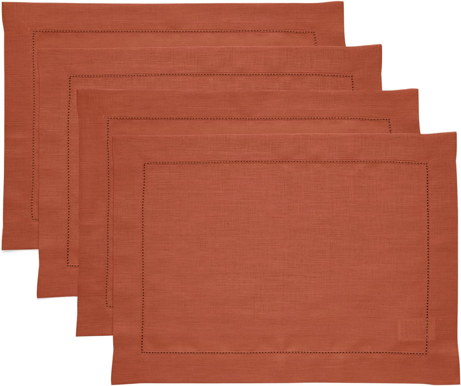 Solino Home Linen Placemats Set of 4 - Classic Hemstitch Cinnamon Placemats 14 x 19 Inch - 100% Pure Linen Table Mats for Mothers Day