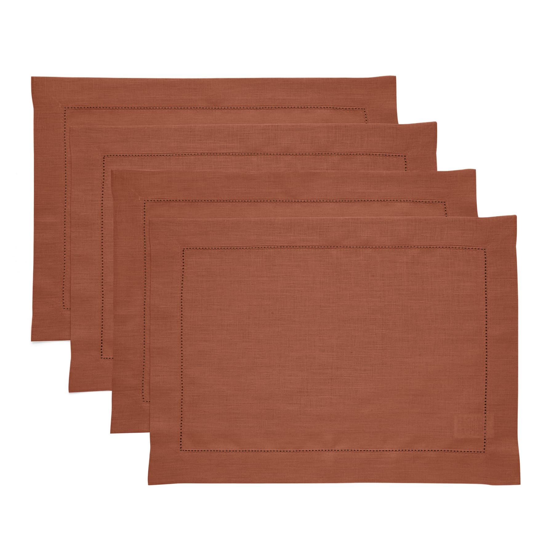 Solino Home Linen Placemats Set of 4 - Classic Hemstitch Cinnamon Placemats 14 x 19 Inch - 100% Pure Linen Table Mats for Winter