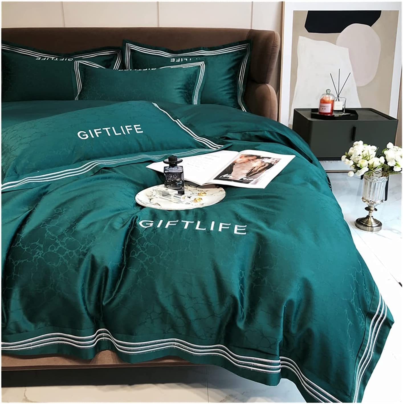 Wrinkle Stain Resistant Four Piece Bed Set Queen King Duvet Cover Set Luxury 100% Pure Cotton Thick Silk Satin Jacquard Set Queen Size Sheet Set (Color : Green Size : 180x200cm)