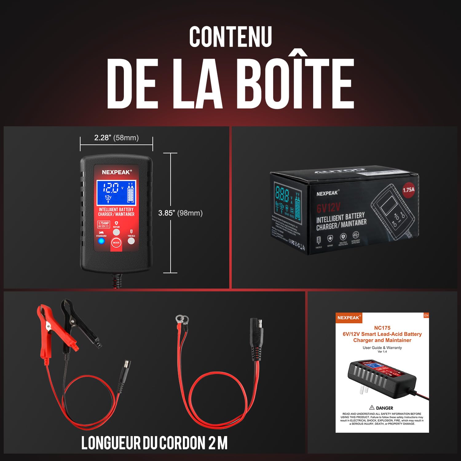 Chargeur de Batterie de Voiture 1,75 A, 6 V et 12 V, Chargeur de Batterie Intelligent entièrement Automatique, Chargeur d'entretien, désulfateur de Batterie pour Voiture, Tondeuse à Gazon, Moto