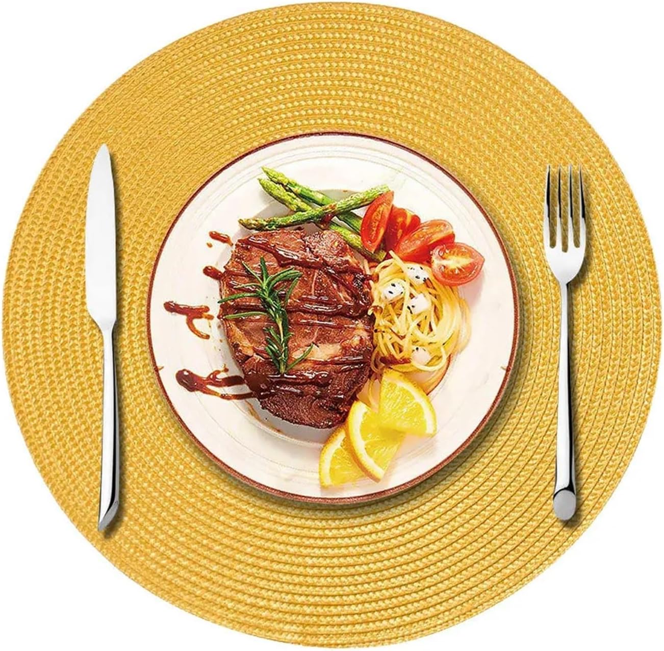 Green Placemats Round Braided Table Mat Woven Non-Slip Dining Table Bowl Pads Kitchen Drink Cup Coasters(PPR Yellow,1pcs 38cm)