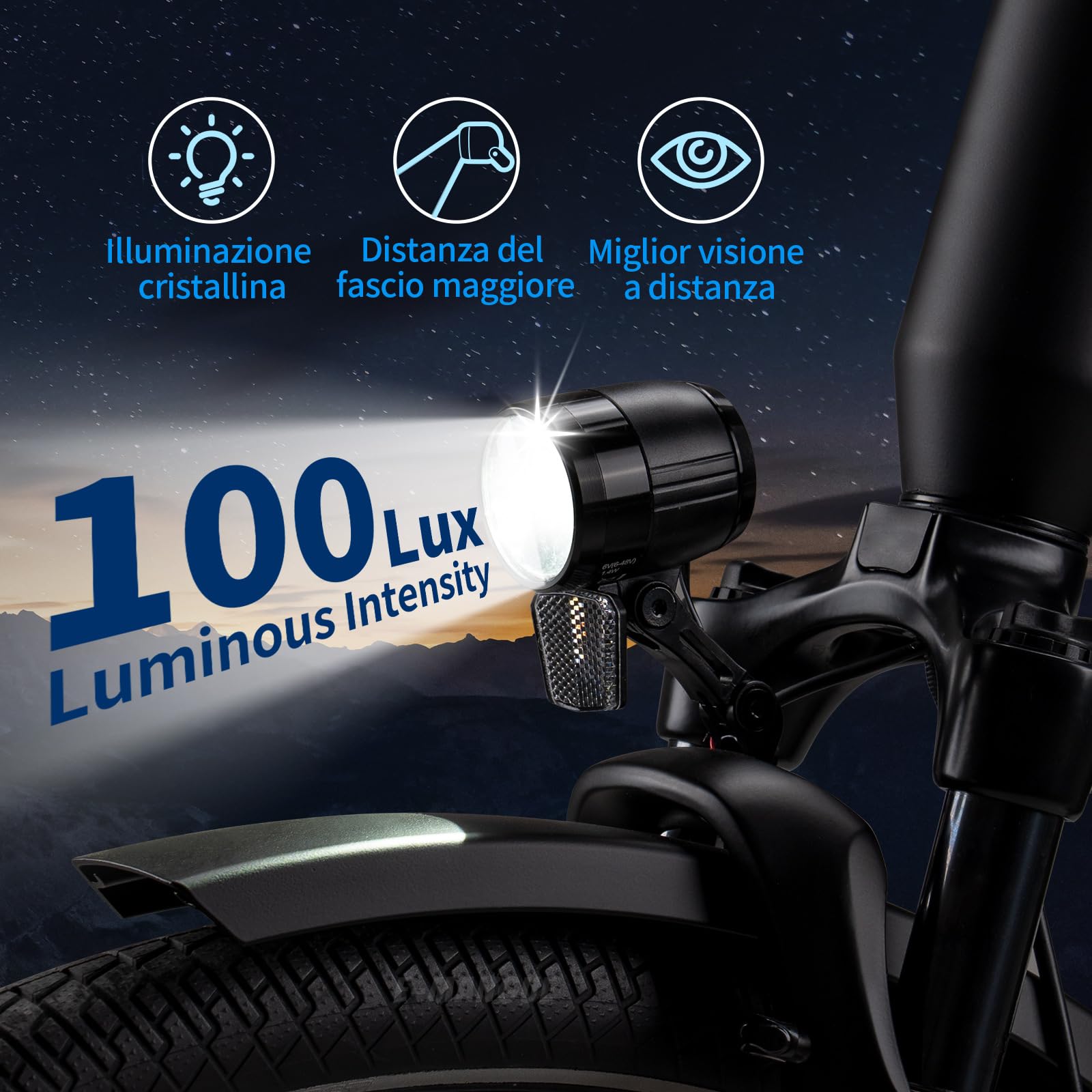 Luce Anteriore a LED per Bicicletta Elettrica, 100 LUX, Omologazione StVZO, con Riflettore, Nero, Resistente all'Acqua