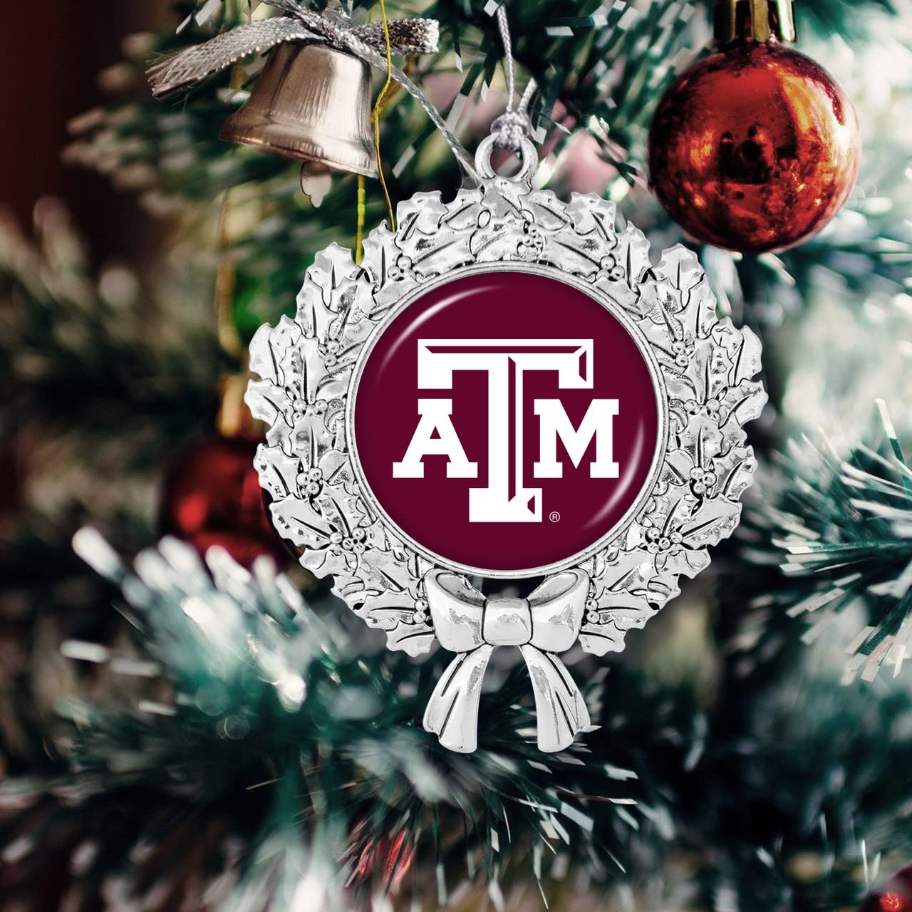 From the Heart Enterprises Texas A&M Wreath with Team Logo Silver Metal Christmas Ornament Gift Tree Decoration TAMU