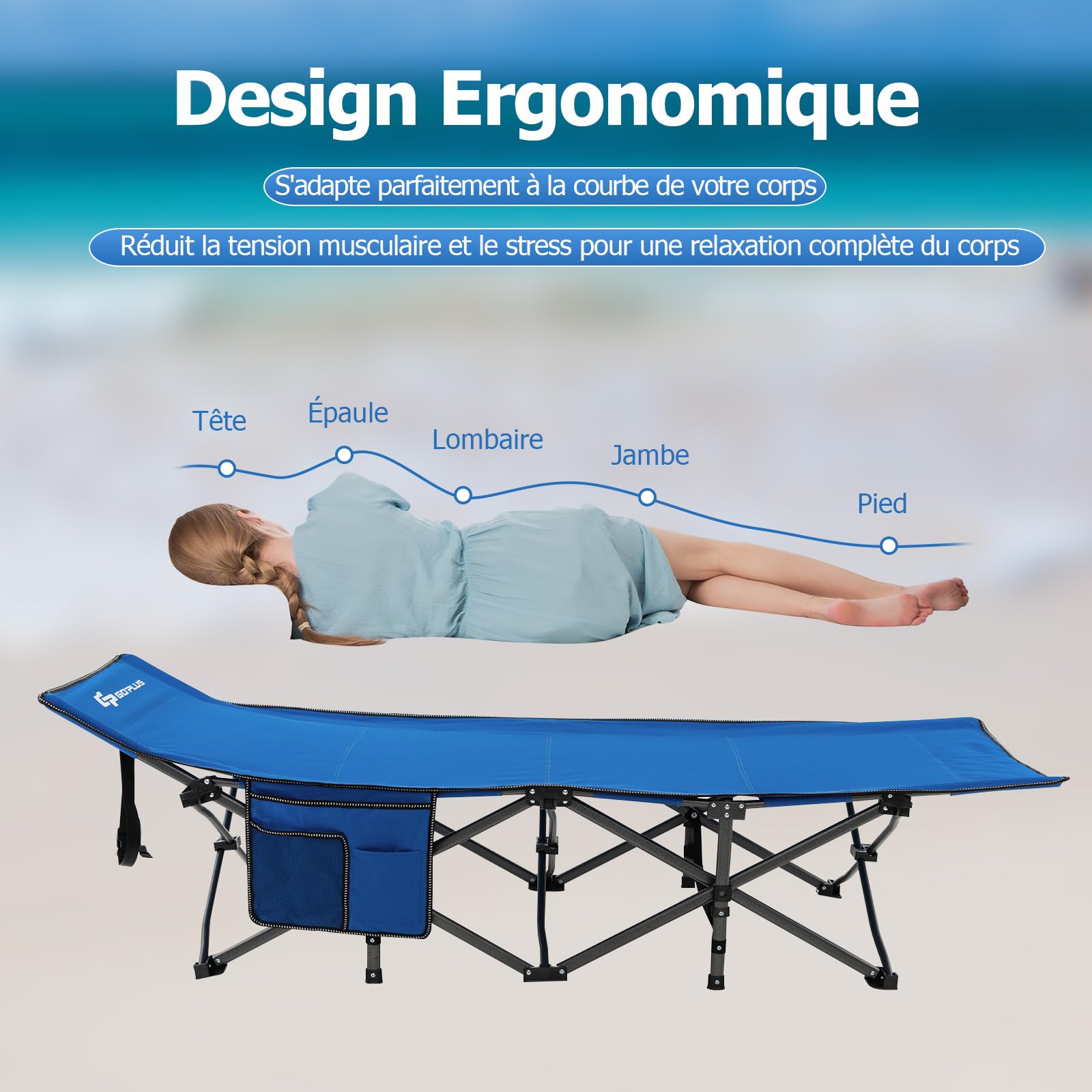 GOPLUS Lit de Camping Pliable 1 Personne avec Appuie-tête Incliné, lit de Voyage Portable avec Poche Latérale & Sac de Transport, Charge 272 KG, pour Camping, Randonnée, Pêche, 190X70X54 CM