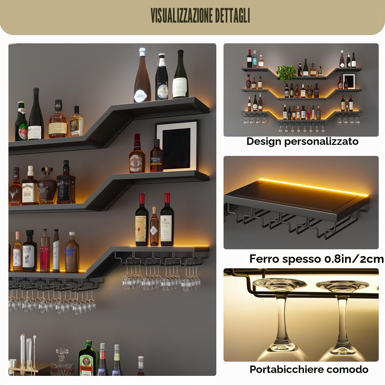 160cm Espositore per vino moderno da parete in metallo, 3 Livelli Portabottiglie da parete con portabicchieri, porta vino con illuminazione a LED Parete Per Casa, Bar, Ristorante (nero, 160cm)