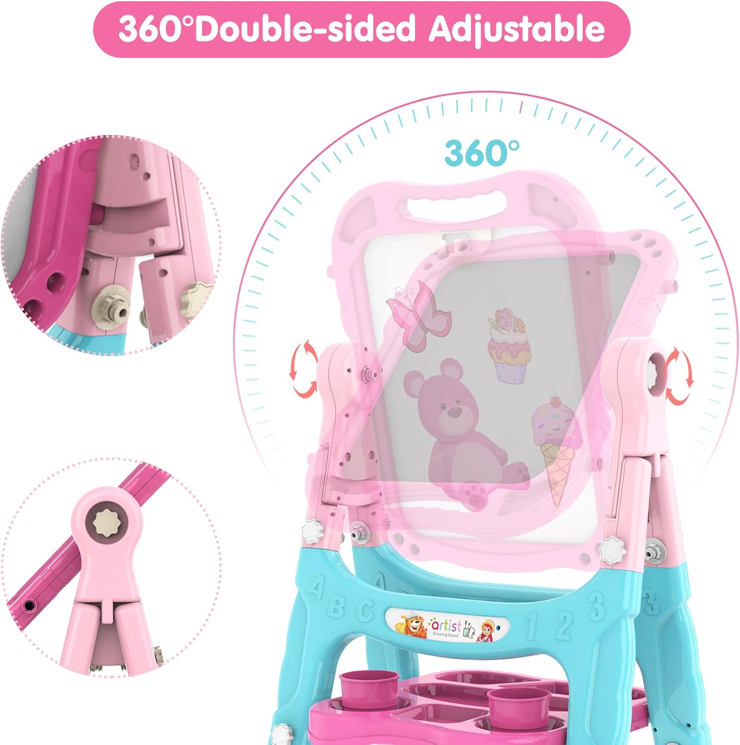 Amagoing Easel for Kids, Adjustable Standing Art Easel for Toddler, Double Chalk Drawing Board with Painting Accessories, Birthday Christmas Gift Toy for Girls 3 4 5 Years Old