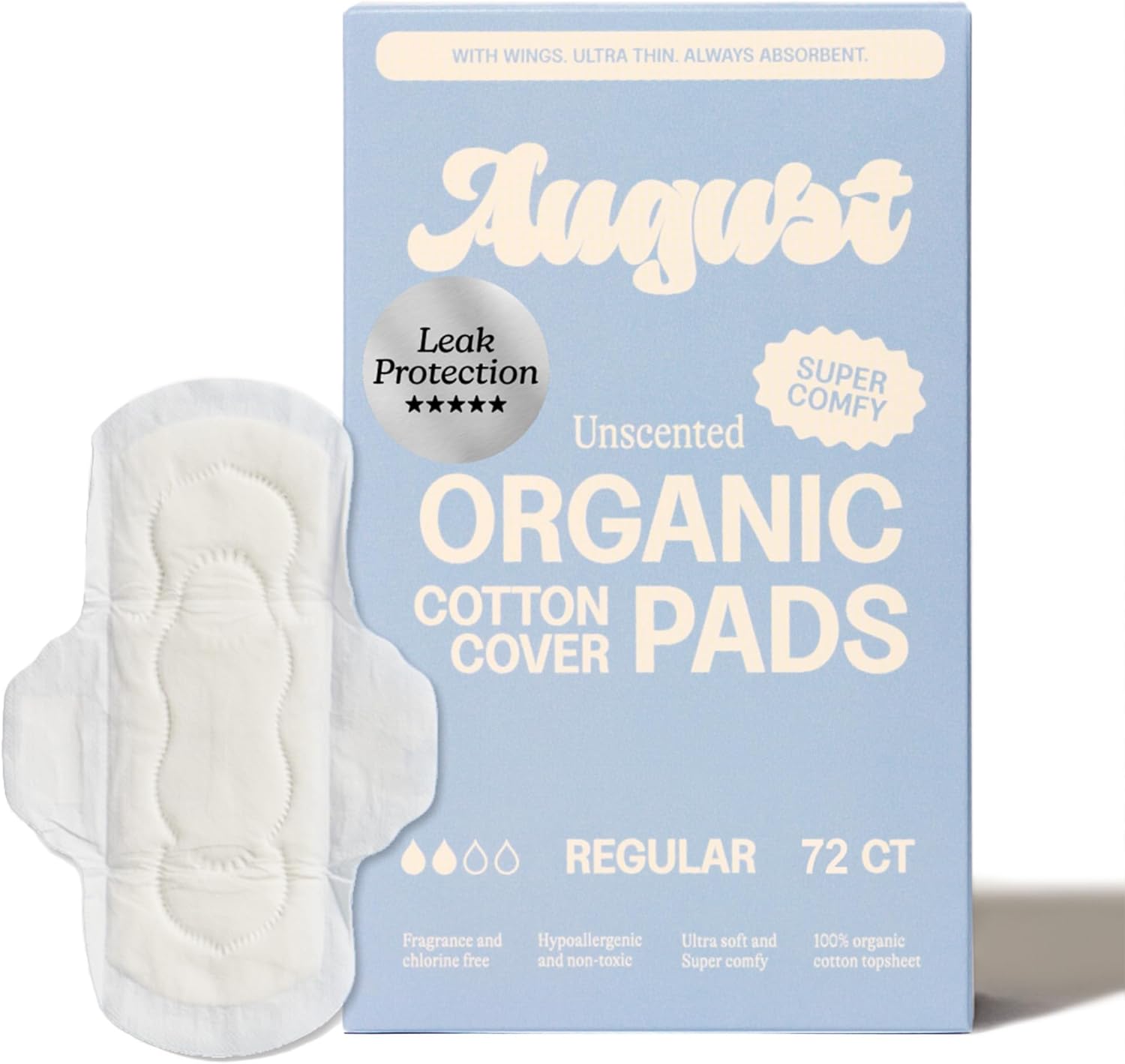 August Regular Cotton Menstrual Pads, 72-Pack Ultra Thin Pads with Wings, Hypoallergenic Sanitary Napkins with Organic Cotton Topsheet, Compostable Wrappers, Toxin Free, Fragrance Free