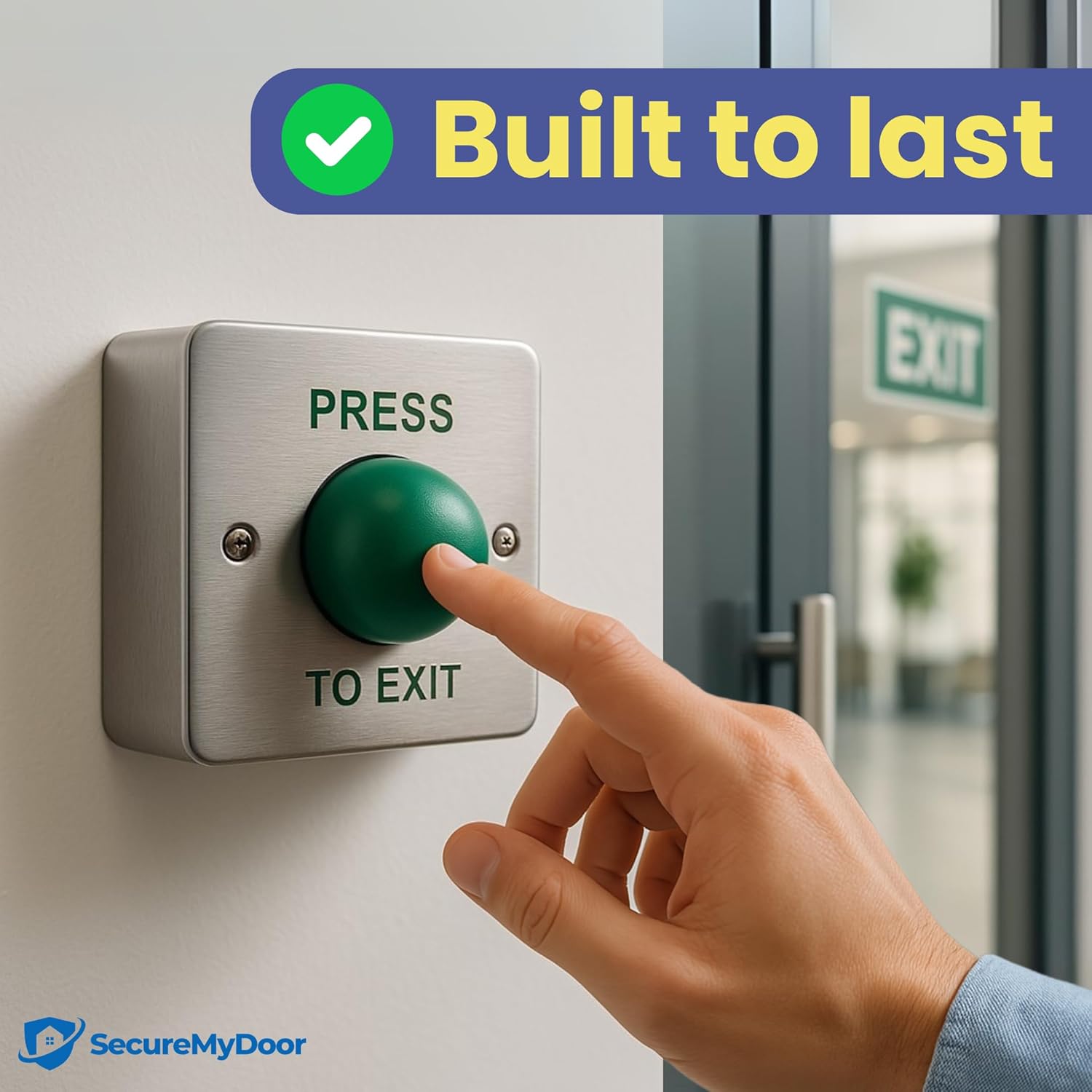 SecureMyDoor - Press to EXIT Green Dome Button Push Door Release Switch | Brushed Stainless Steel | Easy Installation | Ideal for Commercial & Residential Buildings