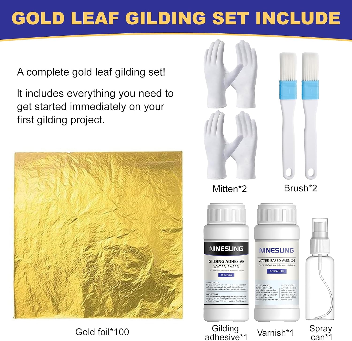 Ninesung Gold Leaf Kit | Gold Leaf Adhesive Set | 100ml Water Based Adhesive and 100ml Varnish | 100 Pcs Gold Leaf Sheets | 2 Brushes | with Spray Bottle | Gold Leaf Sheets for Art Craft, Painting