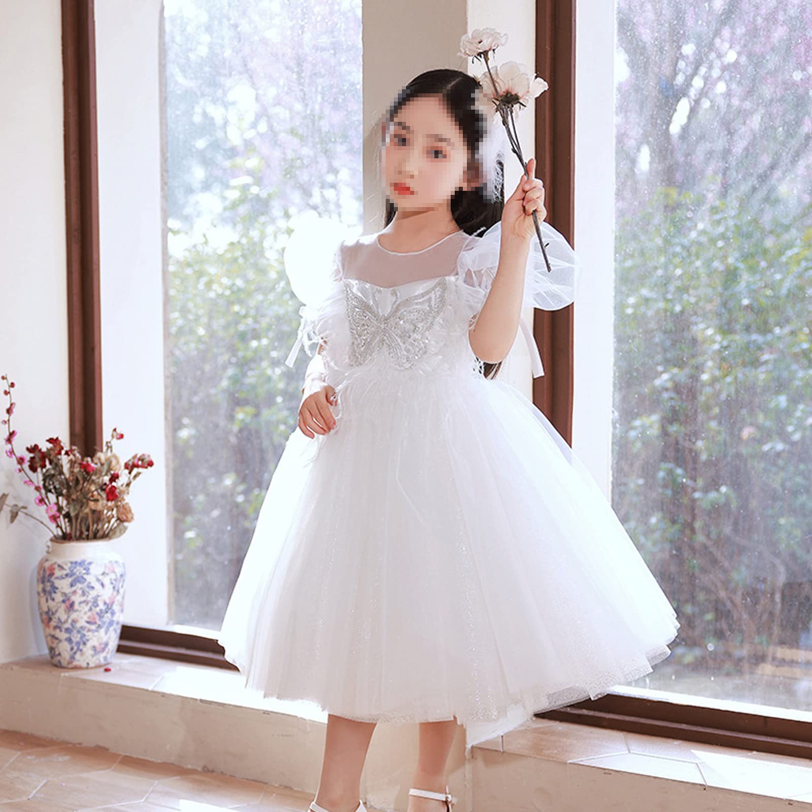 Mädchenkleider Hochzeitsfest -Spitzen -Pailletten Tüll -Promkleid Elegante Puffärmel -Kleid Für Hochzeit Geburtstag Brautjungfer Festzug Prom Fotografie Besondere Anlass,Weiß,120cm