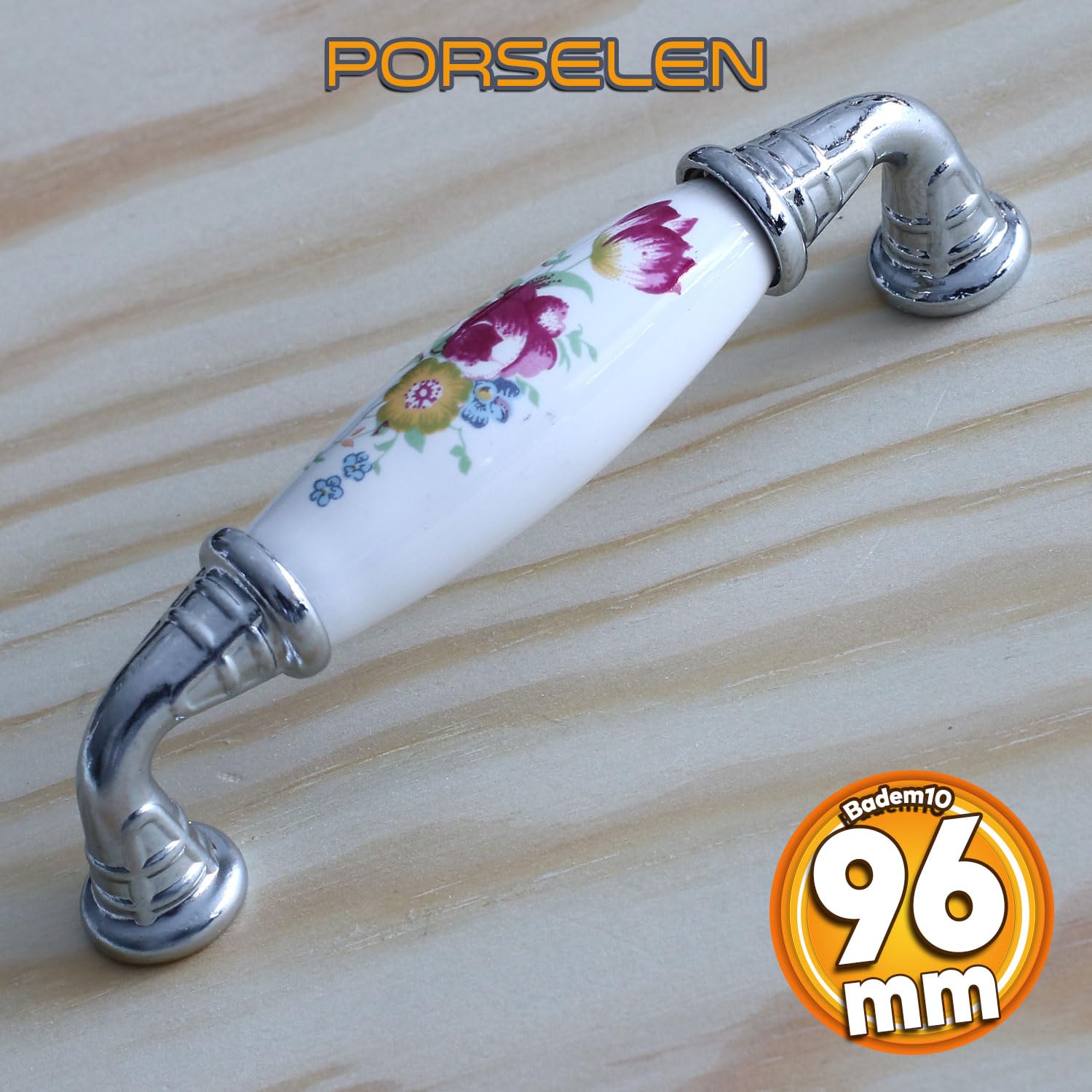 Badem10 Gerçek Porselen Kulp Çiçek Desen 96 mm Mobilya Mutfak Kulplar Dolabı Çekmece Dolap Kapak Kulpu Beyaz