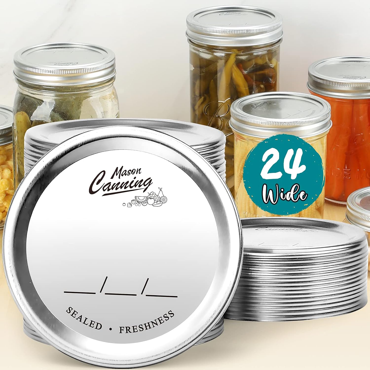 [ 24 Pack, WIDE Mouth ] Canning Lids for Mason Jars - Split-Type Metal Lid for BALL, KERR Jar - Airtight Sealed - Food Grade Material