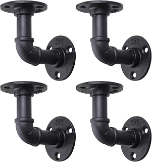 MUZIK 4-Pack Heavy Duty Black Pipe Floating Shelf Brackets - Rustic L-Shaped Iron Shelving Supports for DIY Vintage Shelves (4x4 Inch)