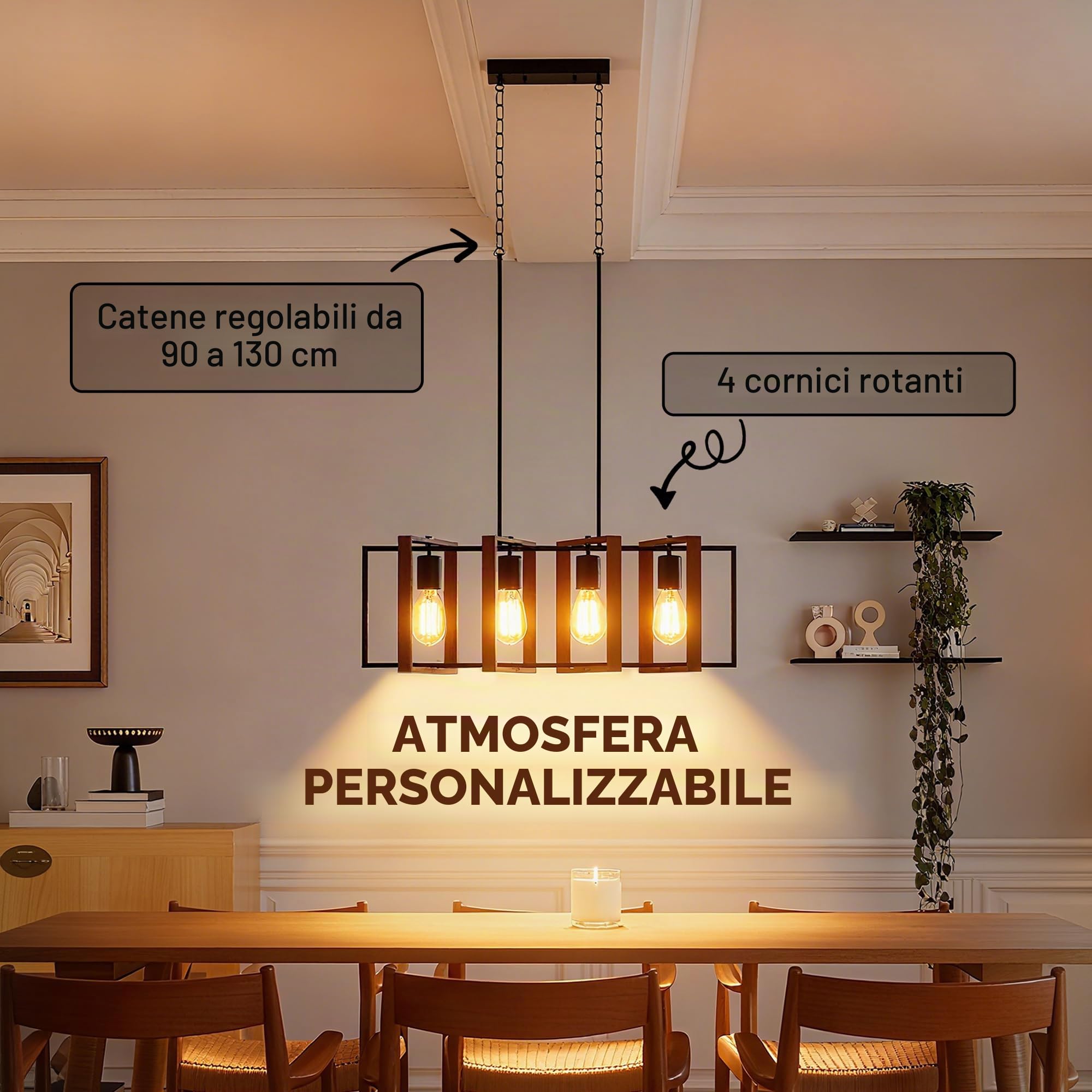 HOMCOM Lampadario a Sospensione 80x21x90-130 cm Nero e Marrone Noce | Altezza Regolabile, Stile Aziendale, Prese E27, Soggiorno Sala Da Pranzo Corridoio, Lampadina Non Inclusa