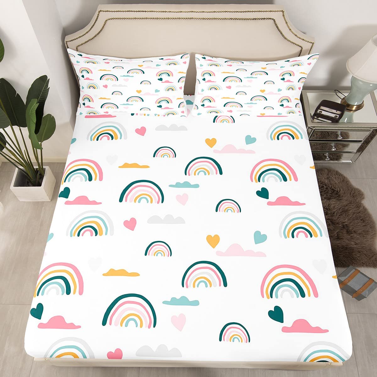 Erosebridal Kids Rainbow Fitted Sheet Full Size, Girly Love Heart Bed Sheet Cartoon Rainbow Cloud Bedding Set for Girls Boys Women Bedroom Decor, Soft Microfiber Fitted Bed Sheets with 2 Pillow Cases