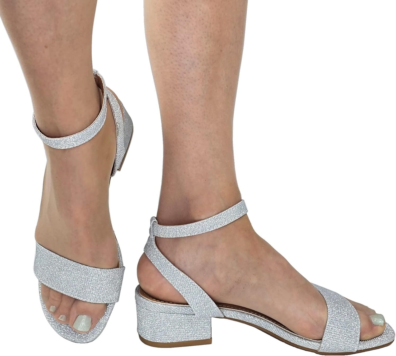 TruFox 1 Inch Low Heel Sandals for Women Dressy Short Black Heels Silver Dress Sandals Strappy Comfortable Sandal for Teen Girls Open Toe Ankle Strap