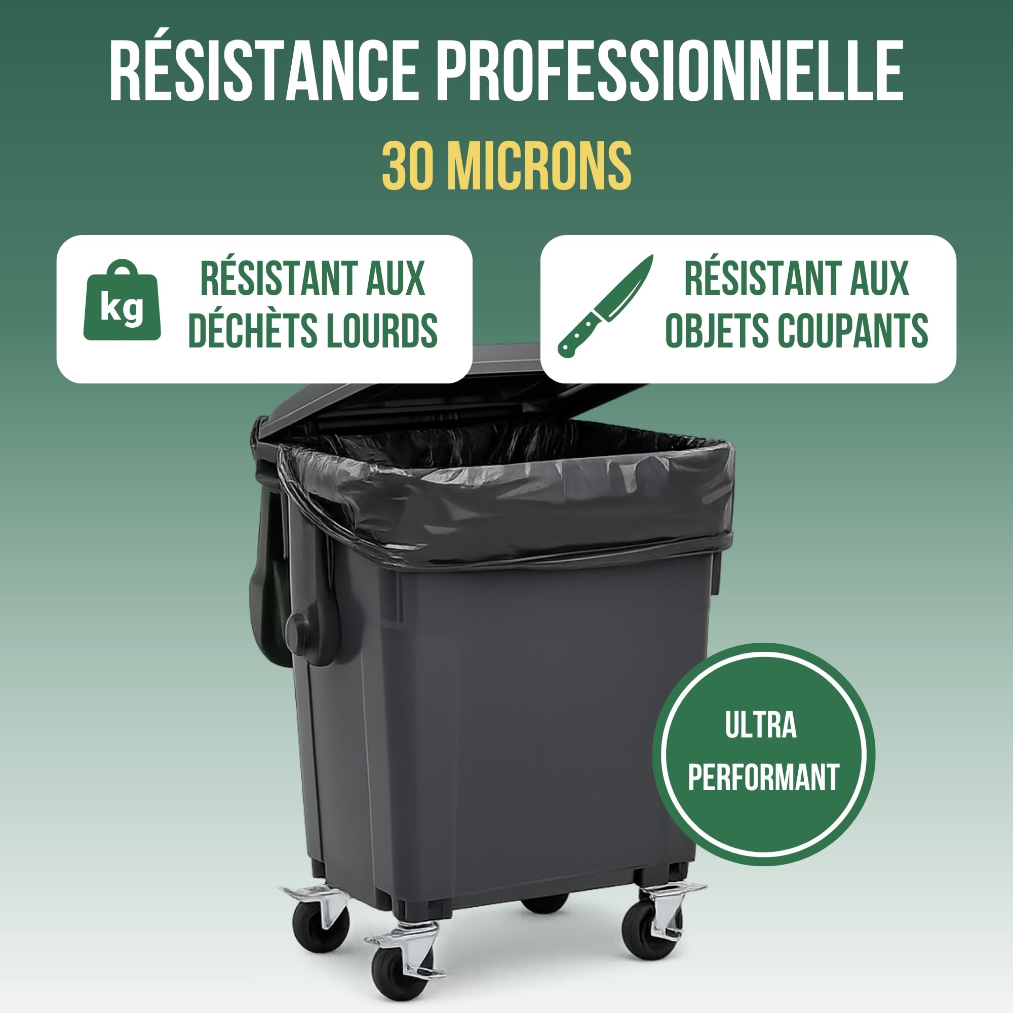 BaBag | Sac Poubelle 1000-1100L x 50 | Epaisseur 30 Microns | Certifié RSGP | Déchet Lourd & Coupant | Plastique 100% Recyclé | Étanche & Anti-Odeur | Housse Protection Conteneur 1000 Litres | 50 Sacs