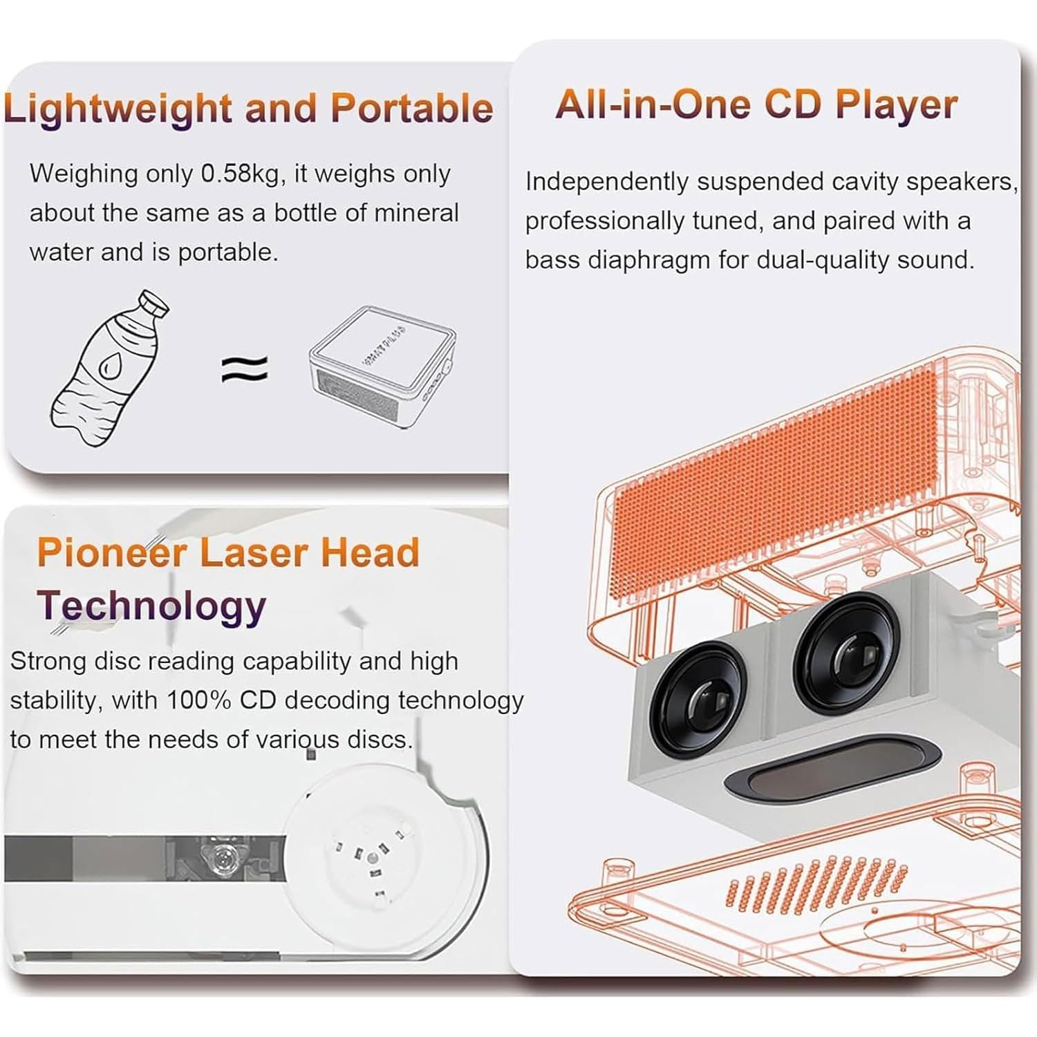 Lettore CD Portatile Con Bluetooth, 5 Effetti Sonori E 4 Effetti Di Illuminazione Ambientale, Lettore Musicale Autoilluminante Supporta CD/CD-R/CD-RW/MP3/WMA, Per Amanti, Genitori, Amici, Bambini
