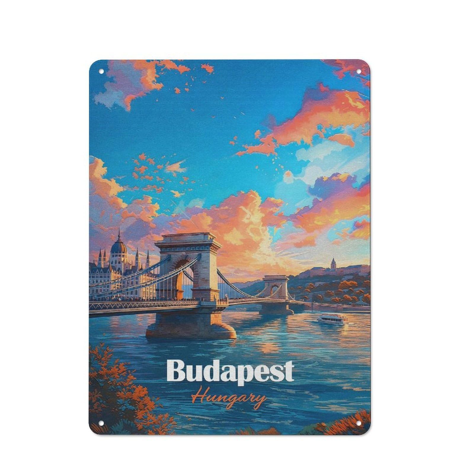 Junmoney Style-21 Budapest Hungary Chain Bridge Sunset Retro Metal Wall Decor 40X30cm, Vintage Metal Sign For Cafe, Pub, Workshop Or Home Bar