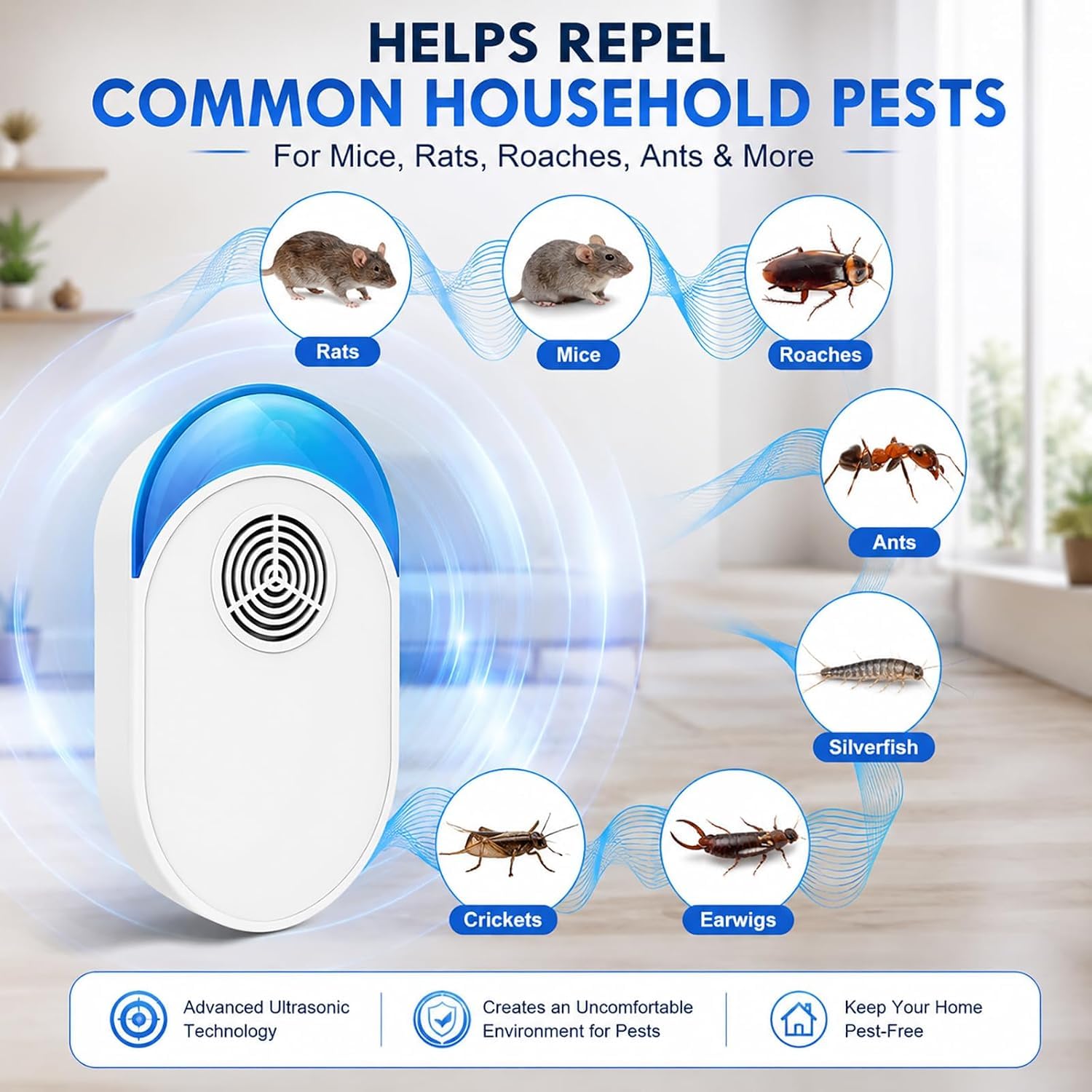 Repelente ultrasónico mejorado, paquete de 6 unidades, ultrasónico y repelente para cucarachas, roedores, ratones, insectos, hormigas, mosquitos, ratones, arañas, enchufe electrónico para control de